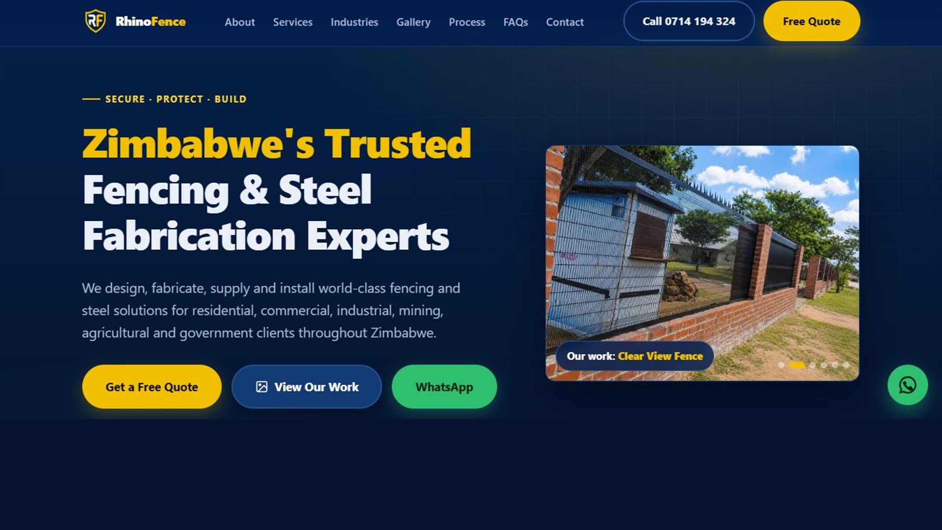 Screenshot of the Rhino Fence Zimbabwe website